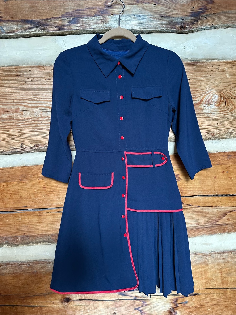 BURRYCO Navy Blue Shirt Dress with Red Piping
